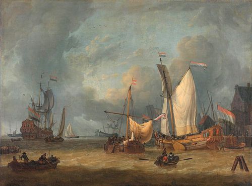 Schepen in de haven in een stijve bries, Jan Claesz. Rietschoof