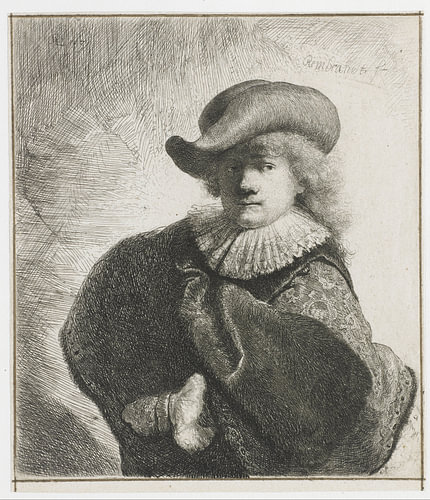 Autoportrait avec chapeau à bord mou et cape brodée, Rembrandt van Rijn