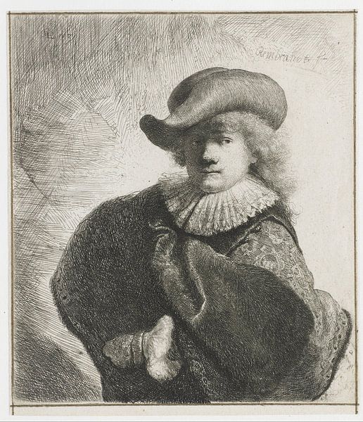 Autoportrait avec chapeau à bord mou et cape brodée, Rembrandt van Rijn par Ed z'n Schets