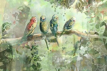 Illustration tropicale quatre oiseaux dans la jungle sur Emiel de Lange