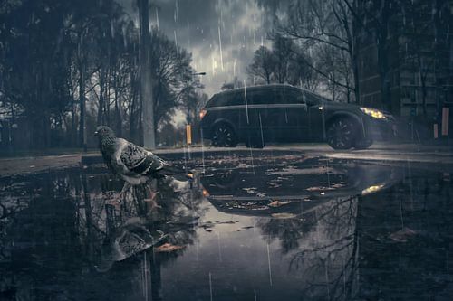Betoverend Tafereel: Duif Zoekt Beschutting en schiet langs Auto tijdens Regenbui