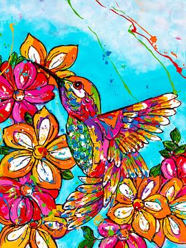 Kolibrie met bloemen van Happy Paintings