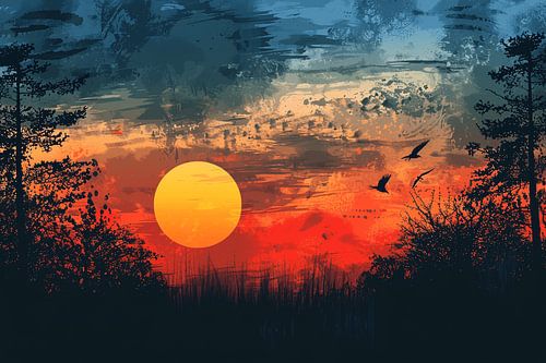 Coucher de soleil sur une rangée d'arbres