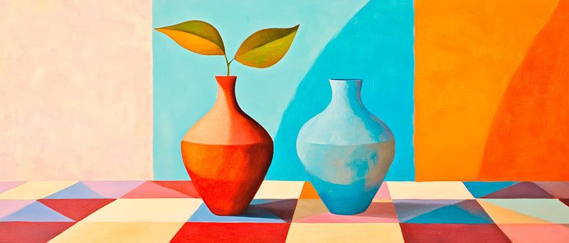 Colourful vases with leaves on table by Poster Art Shop
