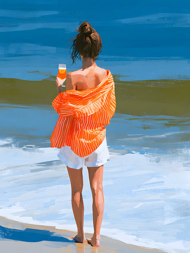Vrouw met een glas rosé aan de kust