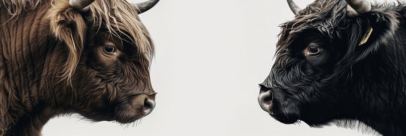 Brown and black Scottish highlanders double portrait panorama by Digitale Schilderijen