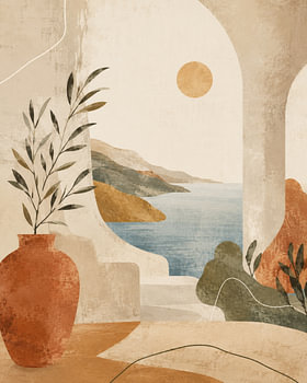 Santorini Calm III – Wandbild mit Mittelmeer-Bogen-Meereslandschaft