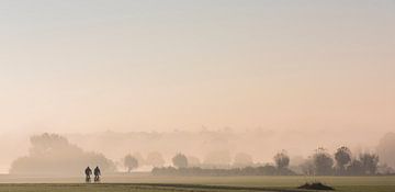 Cyclistes dans les prairies, dans le brouillard du matin