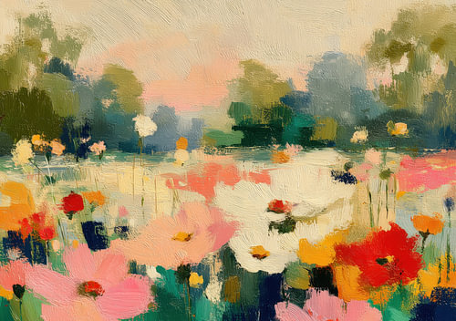 Oil painting: Wildflower meadow, pastel landscape, art