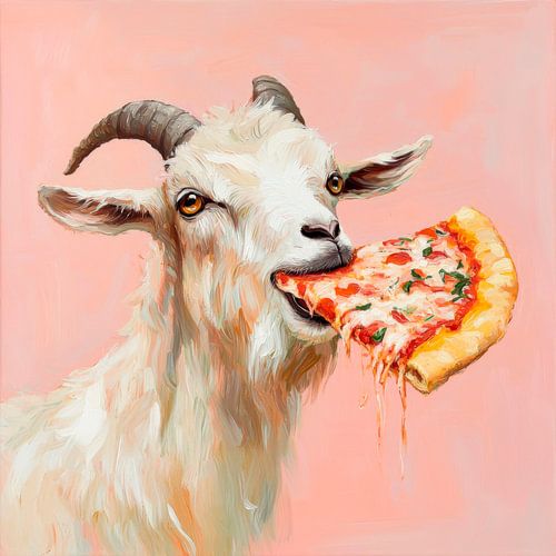 Chèvre avec une pizza dans la bouche