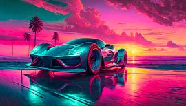 Retro auto met zonsondergang