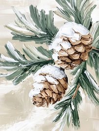Pommes de pin enneigées sur une branche sur IamHomeStudio