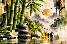 Pierres zen avec bambou et fleurs | Paysage asiatique en vert, noir et or | Affiche au format paysage sur ButterflyPix