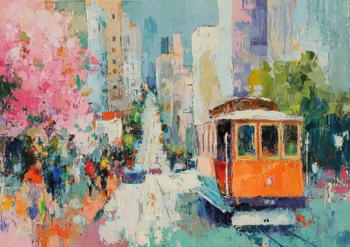 De kabeltram van San Francisco en kersenbloesems