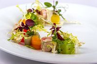 Salad candied chicken with cucumber, carrot, shallot and raisin