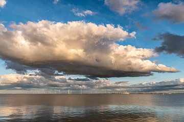 Windpark am IJsselmeer mit Gewitterwolken.