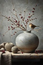 Bessentak in stilte – landelijk stilleven met vogel en kruik van Kleurenrijk