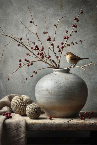 Bessentak in stilte – landelijk stilleven met vogel en kruik