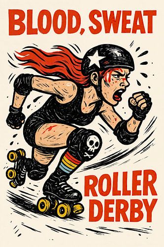 BLOOD, SWEAT, ROLLER DERBY (jammer, doodshoofd, ruige, vrouwensport, quad rolschaatsen, underground, poster, bloed, strijdlustig, LHBTIQ)