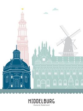 Skyline illustratie stad Middelburg in kleur van Mevrouw Emmer