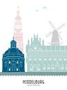 Skyline illustratie stad Middelburg in kleur van Mevrouw Emmer thumbnail