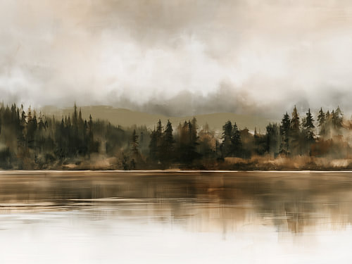 Paysage d'un lac dans une forêt brumeuse