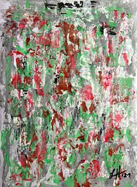 Red, green and rusty brown splashes of colour on a grey-white background by elha-Art