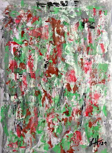 Rode, groene en roestbruine spatten van kleur op een grijs-witte achtergrond