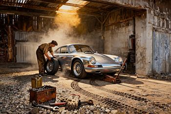 Porsche 911 argentée dans un garage rustique