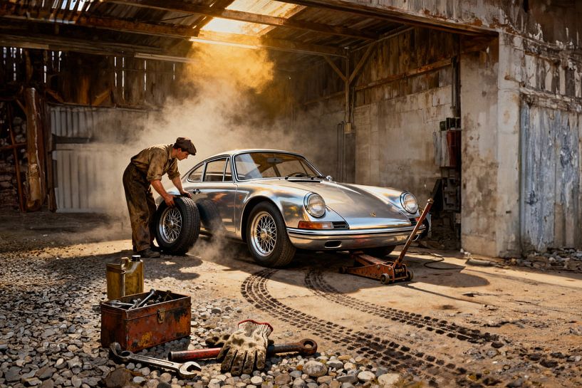 Zilveren Porsche 911 in rustieke garagescène van Jan Keteleer