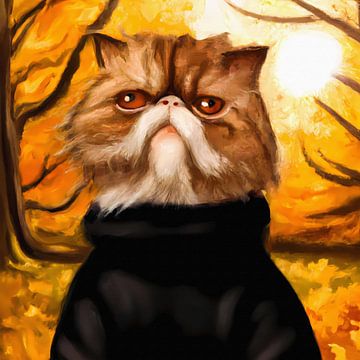 Red and white Persian cat with black turtleneck in an autumn forest by Maud De Vries