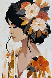 schilderachig portret van fictieve vrouw met bloemen