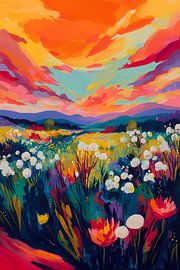 Bunte Blumenwiese bei Sonnenuntergang von NJ Midnight Studio