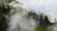 Huisje op de berg in de mist van Cynthia Hasenbos thumbnail