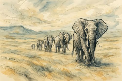 Aquareltekening van een rij olifanten