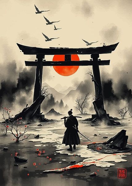 Samouraï à la porte Torii avec le soleil levant par MIROKKU