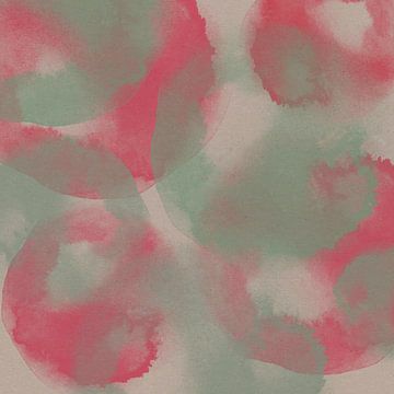 Abstracte aquarelvormen in mintgroen, neonroze en wit. van Dina Dankers