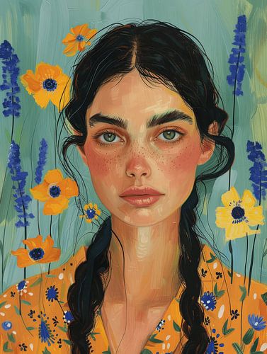 Hippe illustratie in warme kleuren, het meisje tussen de bloemen