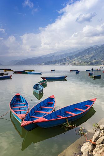 Traditional wooden boats on the Phewa lake in Pokhara, Nepal