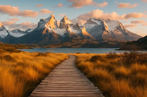 Houten pad naar ruige bergtoppen