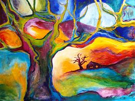 Landschap met boom en boerderijtje kleurrijk by Eveline van Oudbroekhuizen