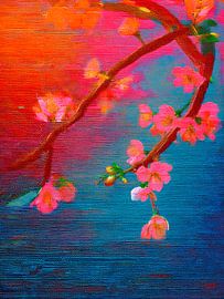 Modern Botanisch: Farbenfroher Blütenzweig in leuchtendem Blau und Rosa von Studio Pieternel