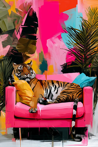 Tiger auf der Couch | Tropisches Zimmer in Rosa