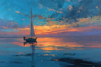 Segelboot bei Sonnenuntergang – Ölbild