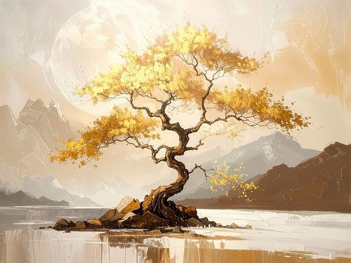 Atmospheric Japanese landscape with blossom in gold