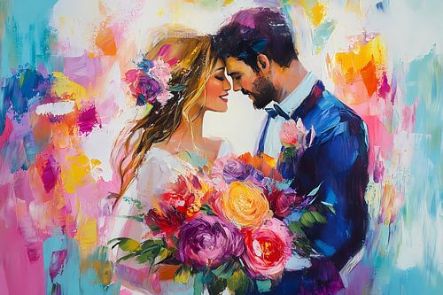 Kleurrijk abstract bruiloftsschilderij met bloemen