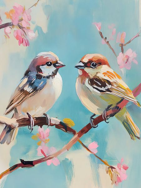 Two birds on branch by Eye catching paintings
