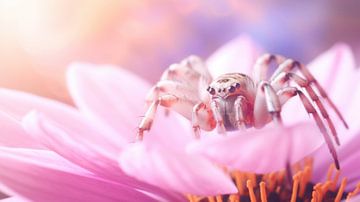 Une araignée dans un monde de fleurs roses de conte de fées