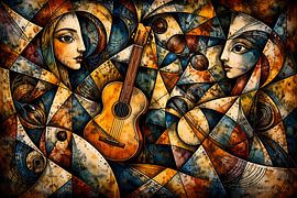 Œuvre abstraite représentant des visages et une guitare