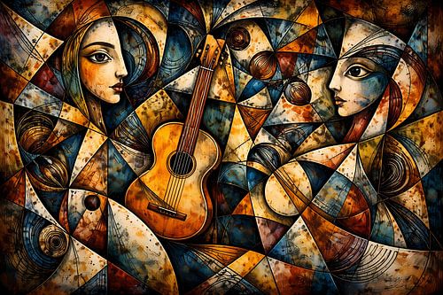 Abstract werk met gezichten en gitaar